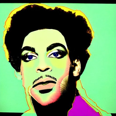 Stable Diffusion, Prompt: Portrait of the singer Prince in the style of Andy Warhol