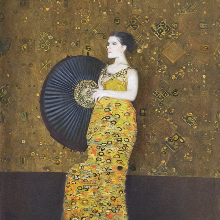not exactly Klimt but for free: Stablediffusion, prompt: portrait of a lady with a fan facing left in the style of Gustav Klimt