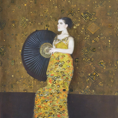 nicht ganz Klimt, dafür gratis: Stablediffusion, prompt: portrait of a lady with a fan facing left in the style of Gustav Klimt