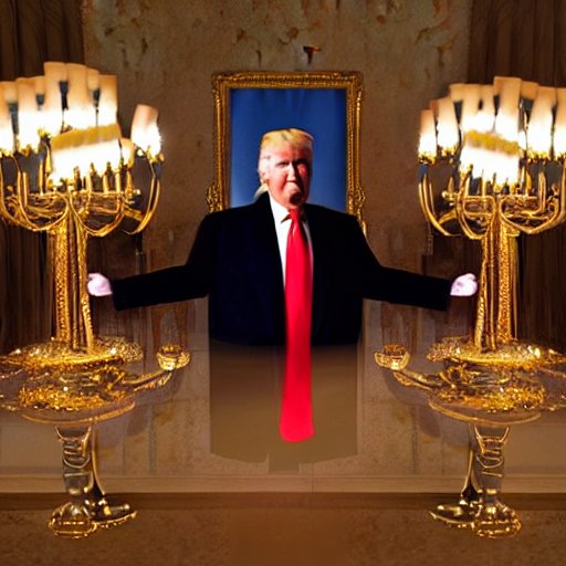 Stable diffusion, Prompt: Donald Trump caricature with big Chanukah lamps at Mar-A-Lago interior