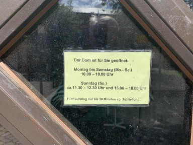 Seen at the cathedral from Greifswald, new windows from Olafur Eliasson, but not on Sundays - God seems to need a rest that day.